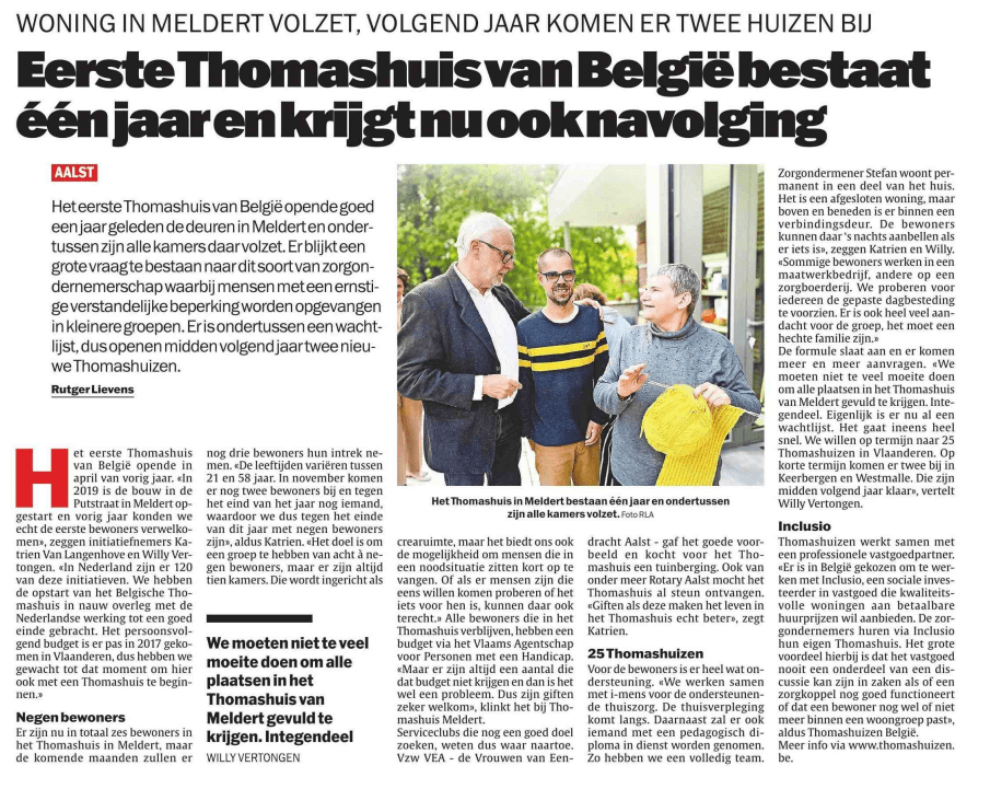 Artikel Het Laatste Nieuws - 14/10/2022 Thomashuis in Meldert krijgt navolging: “Er is een wachtlijst, dus komen er in 2023 twee bij”